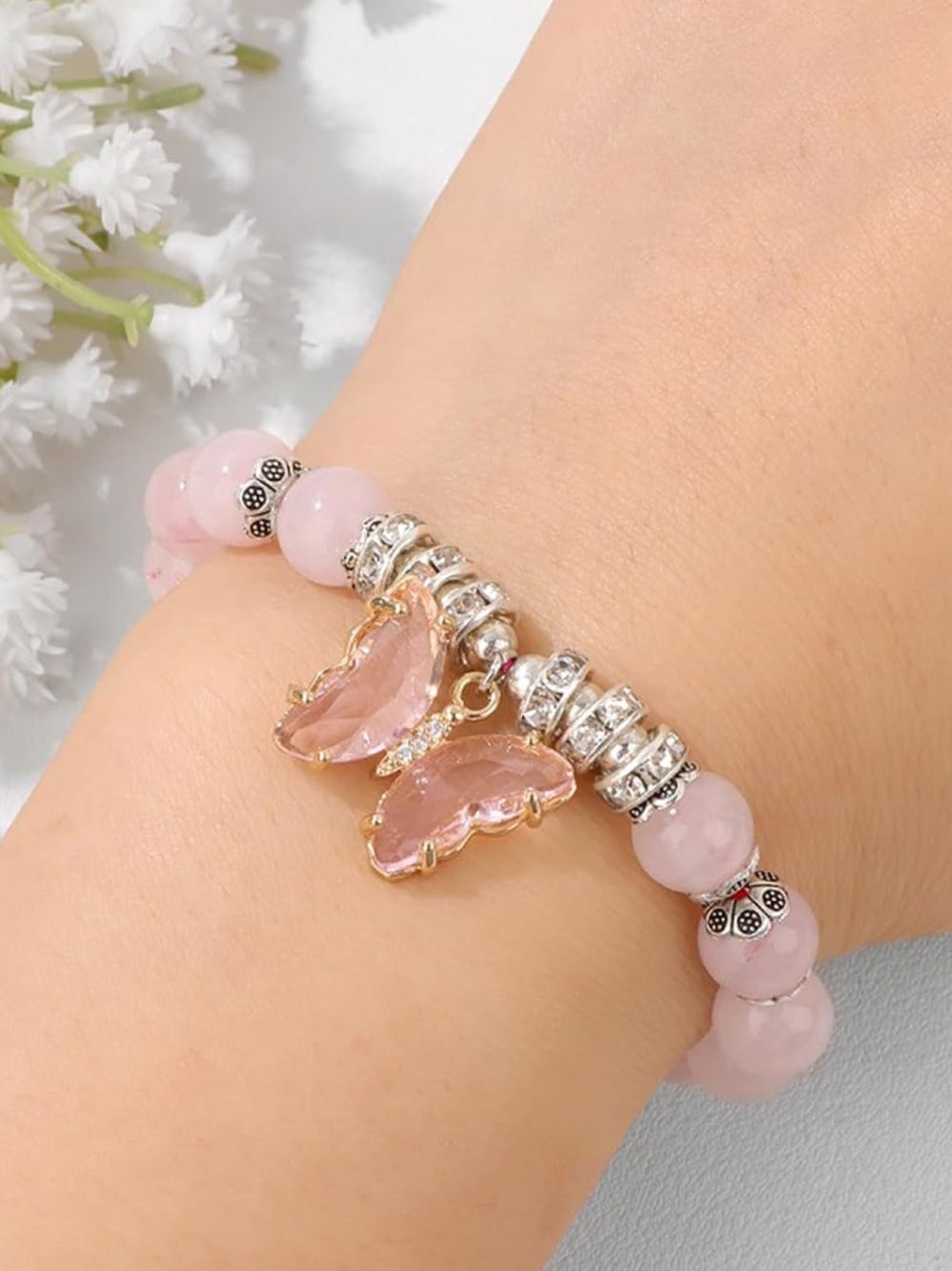 🆕New Healing Rose Quartz Crystal Gemstone Butterfly Bracelet